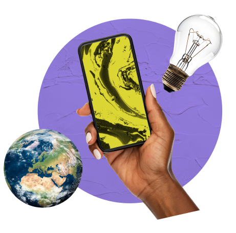 Image of phone with globe and light bulb.